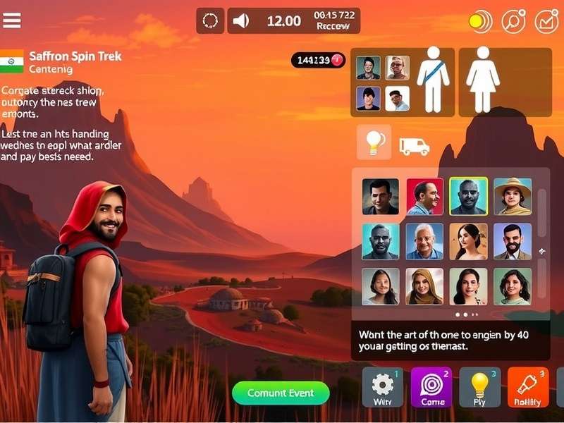 Saffron Spin Trek gameplay screenshot showing character in Indian landscape